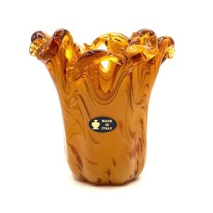 Murano Art Glass Vase 5.5" Amber Caramel Swirl Slag Fazzoletto Ruffled Italy